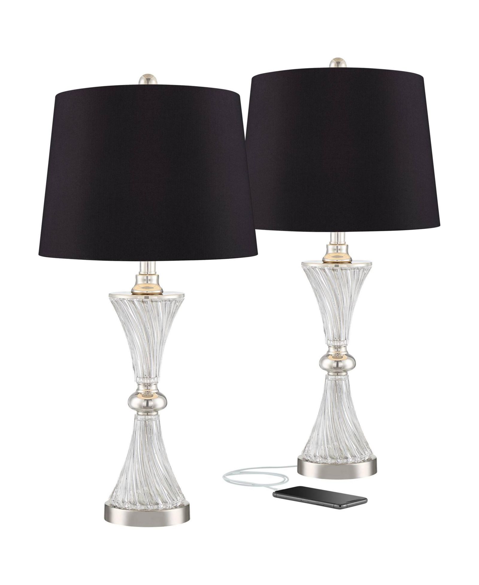 Regency Hill Luca Modern Table Lamps 25 1/2" High Set of 2 Clear Glass with USB Charging Port Faux Silk Shade for Bedroom Living Room Home Desk