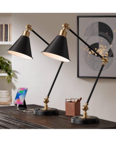 360 Lighting Wray 26 3/4" Tall Industrial Desk Lamps Set of 2 USB Port Adjustable Brass Finish Metal Home Office Charging
