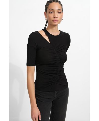 Marcella Women's Paz Shoulder-Cutout Crew-Neck Gathered Jersey Elbow-Sleeve Top