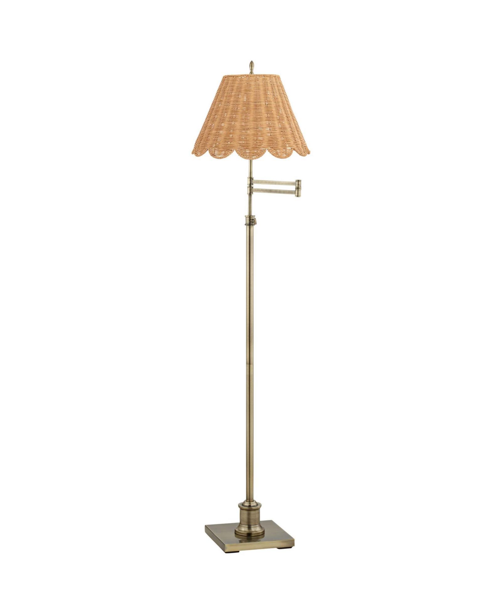 360 Lighting Westbury Natural Cottage 70" Tall Standing Floor Lamp Swing Arm Adjustable Gold Metal Antique Brass Finish Scalloped Rattan Shade