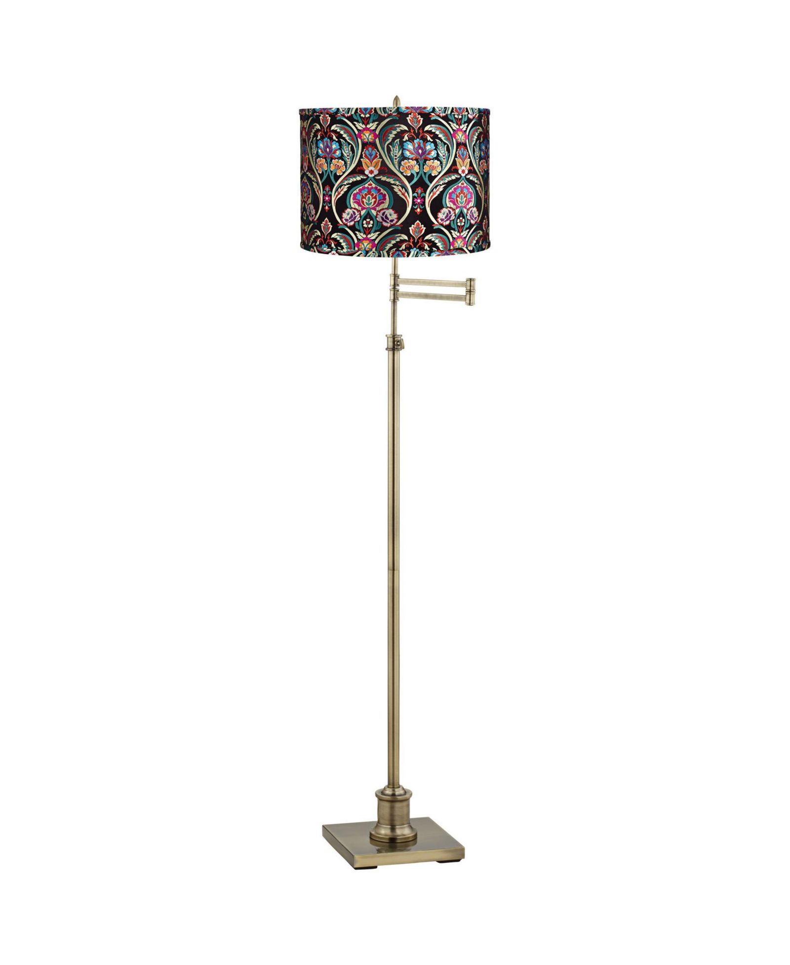 Regency Hill Chic Style Swing Arm Adjustable Floor Lamp 70" Tall Antique Brass Embroidered Drum Shade for Living Room Reading House