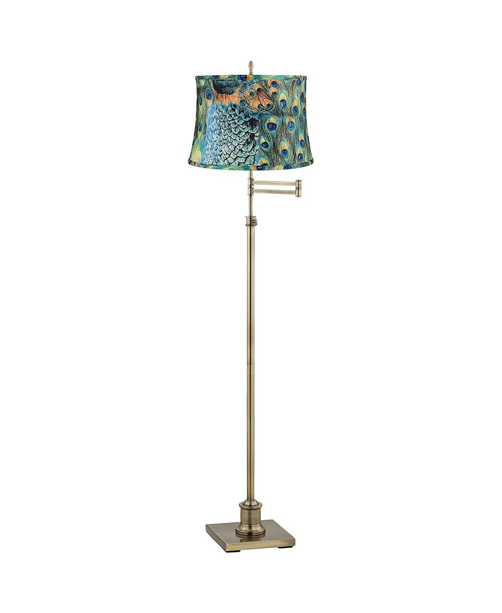 Regency Hill Swing Arm Floor Lamp Adjustable Height 70" Tall Antique Brass Peacock Print Drum Shade Living Room Reading Bedroom