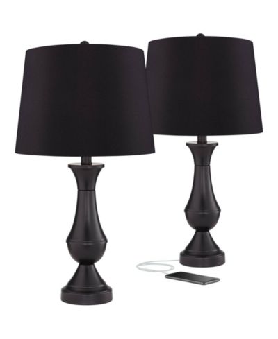 Набор из 2 настольных ламп Regency Hill Traditional 25" High с USB Port, Bronze Metal LED Touch, Faux Silk Drum Shade