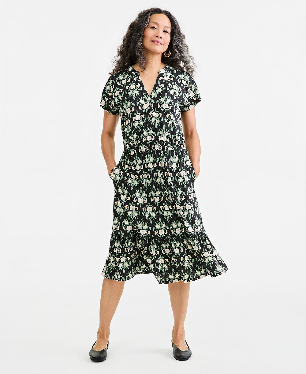 Style & Co Women's Printed V-Neck Short-Sleeve Knit Midi Dress, Macy's Exclusive