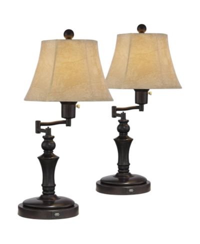 Набор настольных ламп Regency Hill Traditional Swing Arm Bronze Metal Faux Leather Shade 21.75" с USB Port