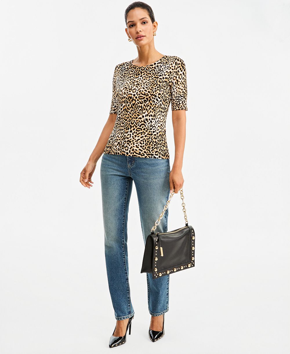 Женский облегающий джемпер I.N.C. Leopard-Print Short-Sleeve Crewneck