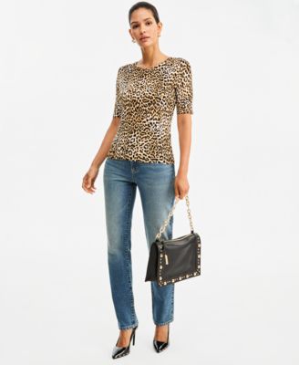 Женский облегающий джемпер I.N.C. Leopard-Print Short-Sleeve Crewneck