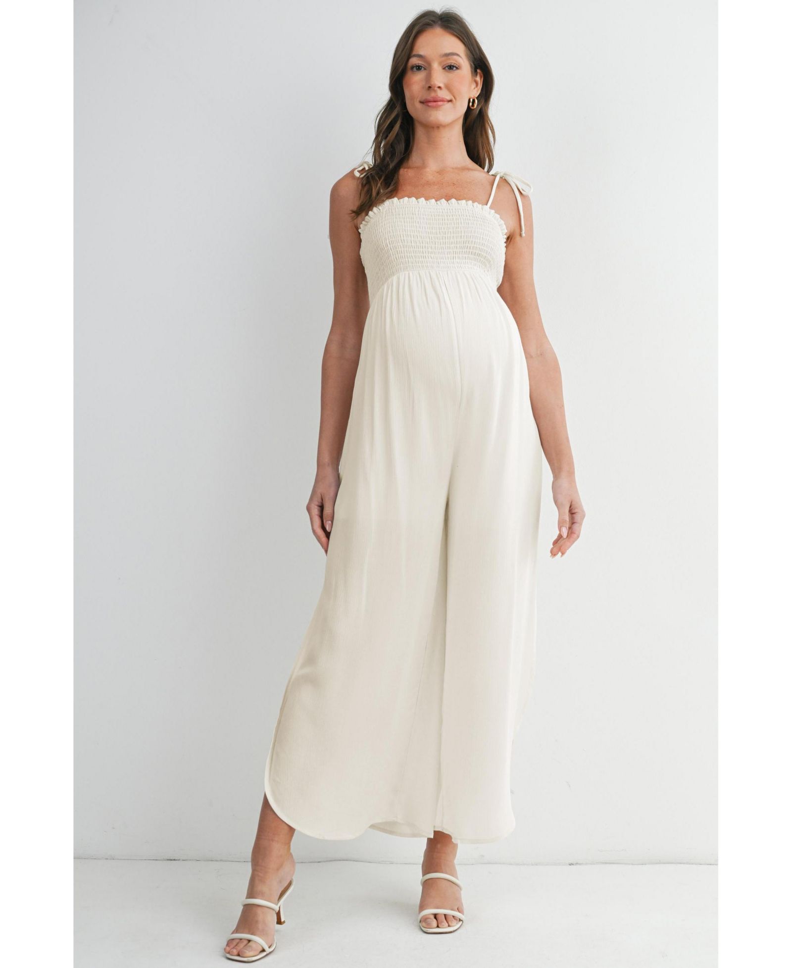 Hello Miz Maternity Smocked Wide-Leg Jumpsuit with Tie Shoulders and Side Slit
