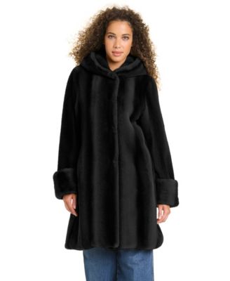 Jones New York Petite Hooded Faux-Fur Polyester Mid-Length Coat, Created for Macy's
