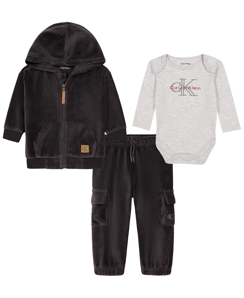 Calvin Klein Baby Boys' Cotton-Blend Zip-Up Hooded Jacket, Bodysuit and Joggers, 3-Piece Set