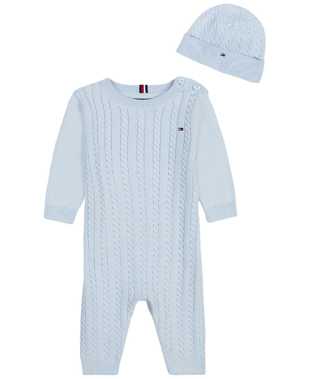 Tommy Hilfiger Baby Boys' Cable-Knit Long-Sleeve Coverall and Hat, 2-Piece Set