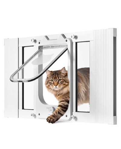 COZITO Adjustable Window Cat Door 23"–28" Wide with 4 Lock Modes and Aluminum Frame