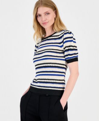 Топ T Tahari Women's Striped Puff-Sleeve Pointelle-Knit