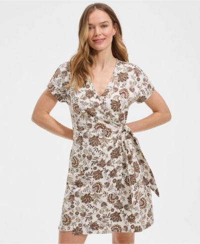 Женское мини-платье-обертка Lands' End из хлопка и модала с V-образным вырезом