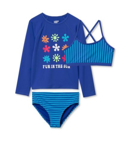 Lands' End Girls Slim Chlorine Resistant Long Sleeve Rash Guard Bikini 3 Piece Swimsuit Set
