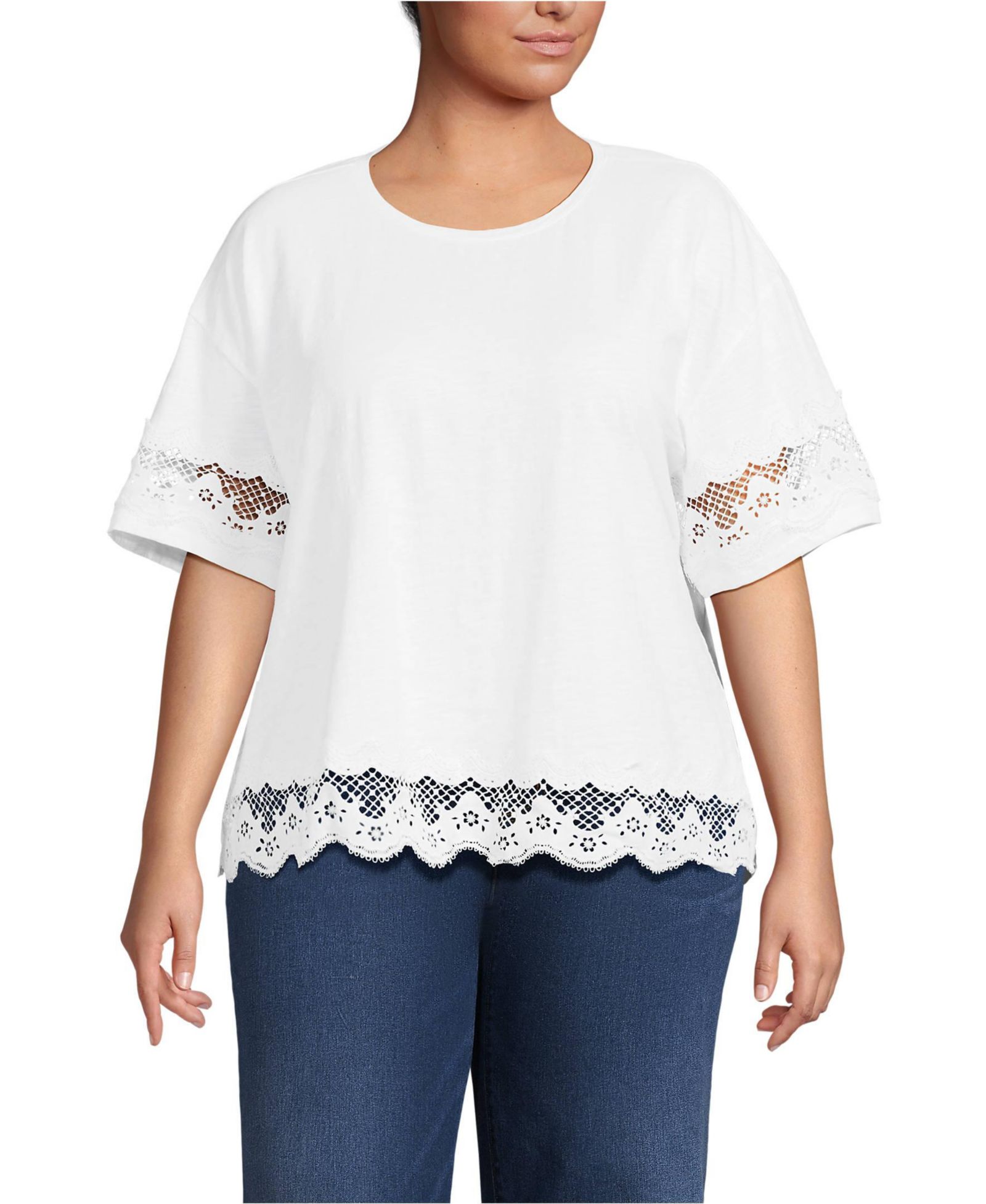 Lands' End Plus Size Short Sleeve Slub Jersey Cutwork T-Shirt