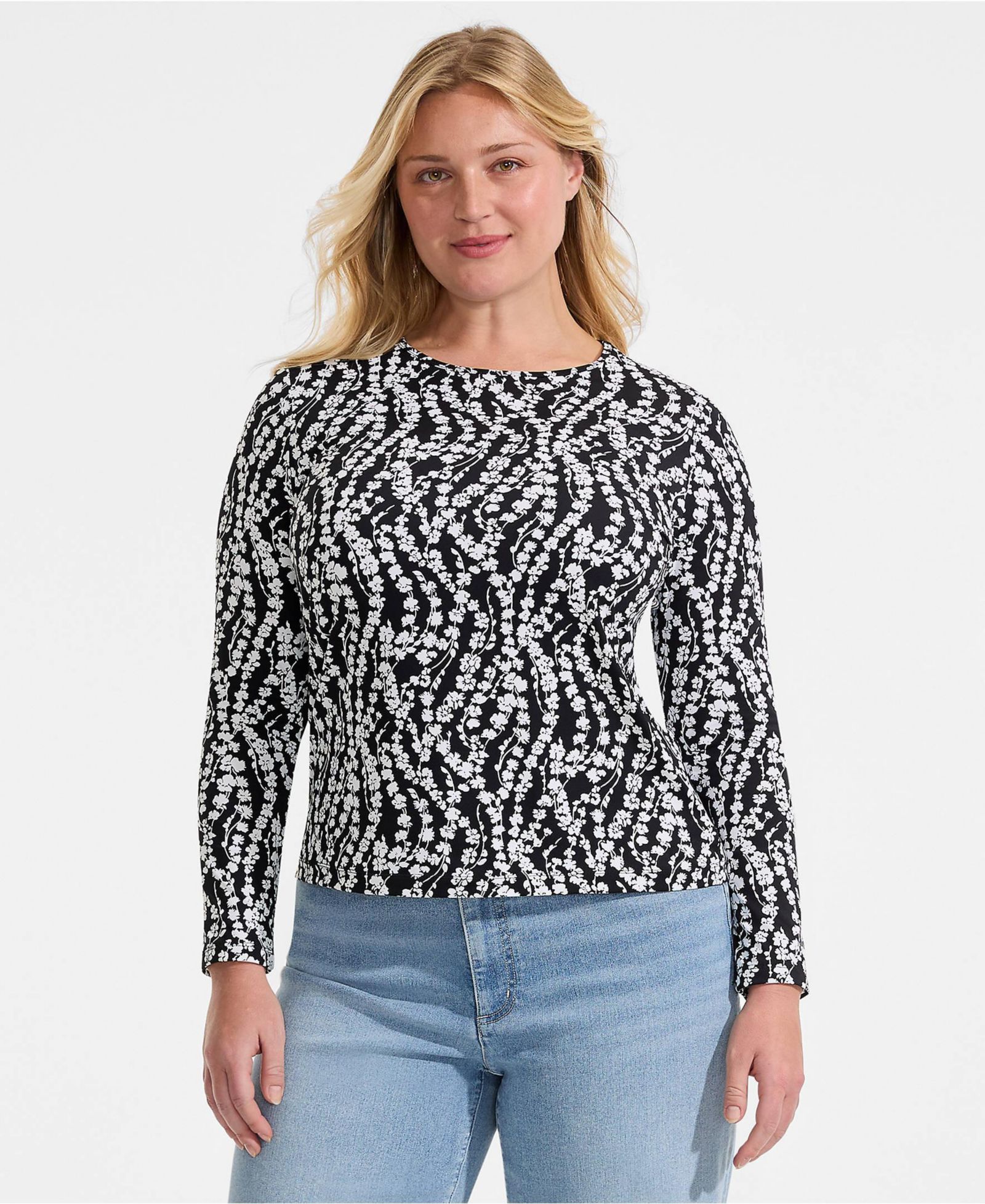Lands' End Plus Size Long Sleeve Crewneck Garden Tee - Sunshade UPF 50 Quick Dry