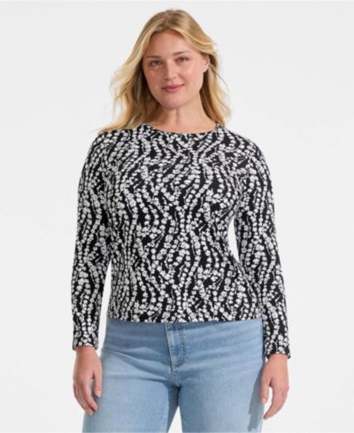 Lands' End Plus Size Long Sleeve Crewneck Garden Tee - Sunshade UPF 50 Quick Dry