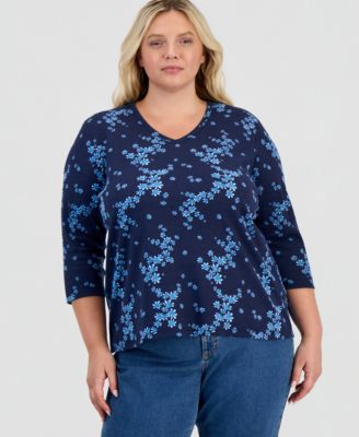 Style & Co Plus Size Printed 3/4-Sleeve V-Neck Top, Macy's Exclusive