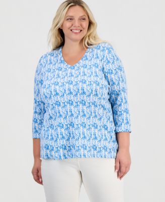 Style & Co Plus Printed 3/4-Sleeve V-Neck Top, Macy's Exclusive