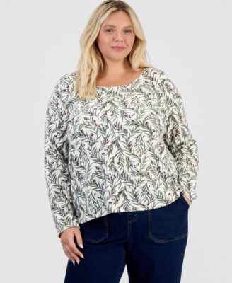 Style & Co Plus Printed Long-Sleeve Scoop-Neck Top, Macy's Exclusive