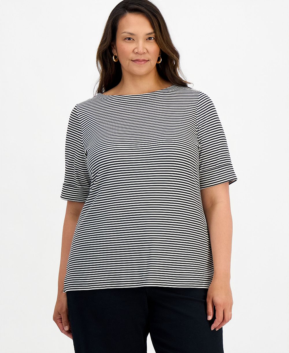 Style & Co Plus Printed Elbow Sleeve Boatneck Top, Macy's Exclusive