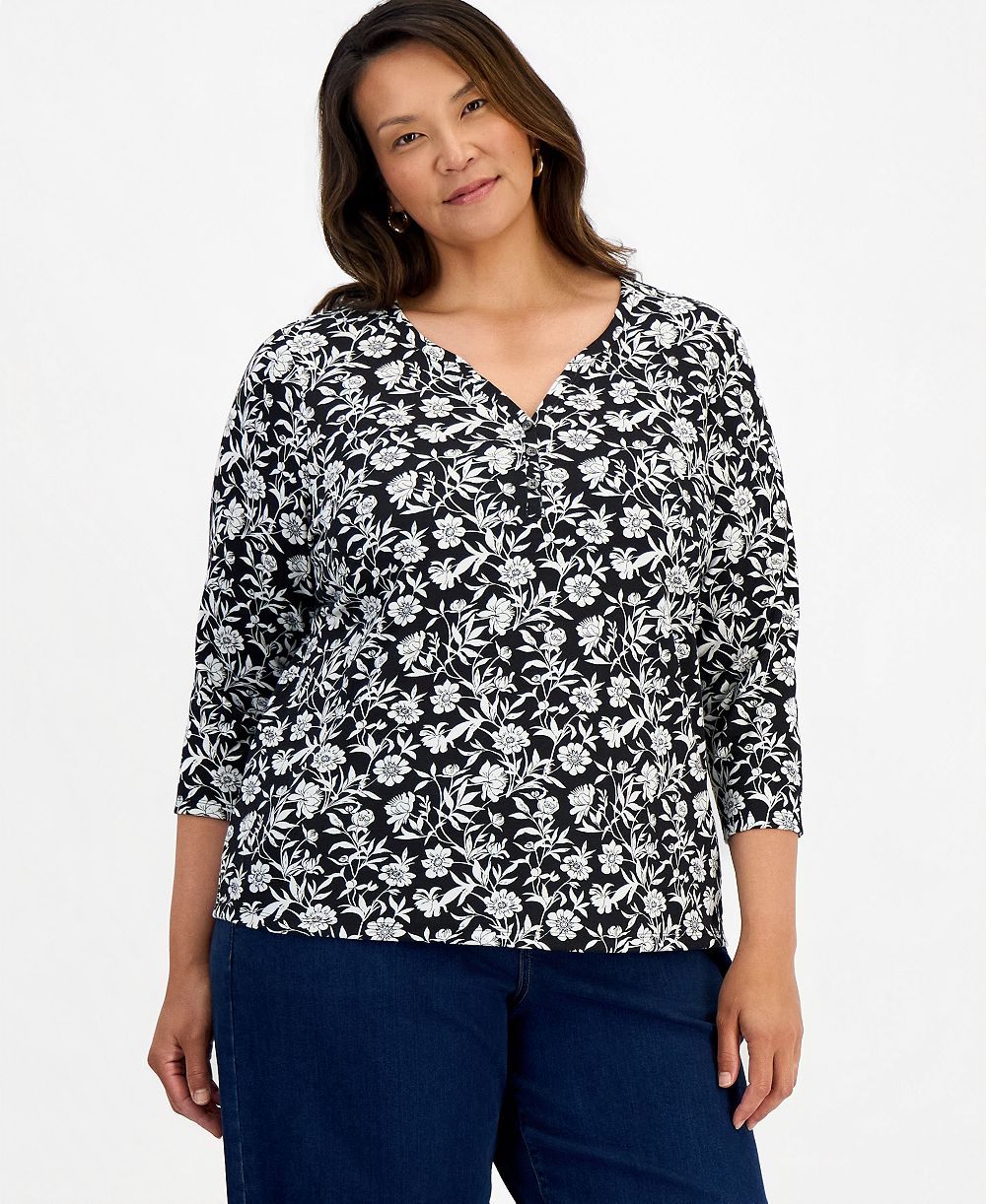 Style & Co Plus Printed 3/4 Sleeve Henley Top, Macy's Exclusive