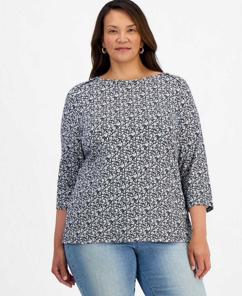 Style & Co Plus Size Printed 3/4 Sleeve Boat-Neck Top, Macy's Exclusive