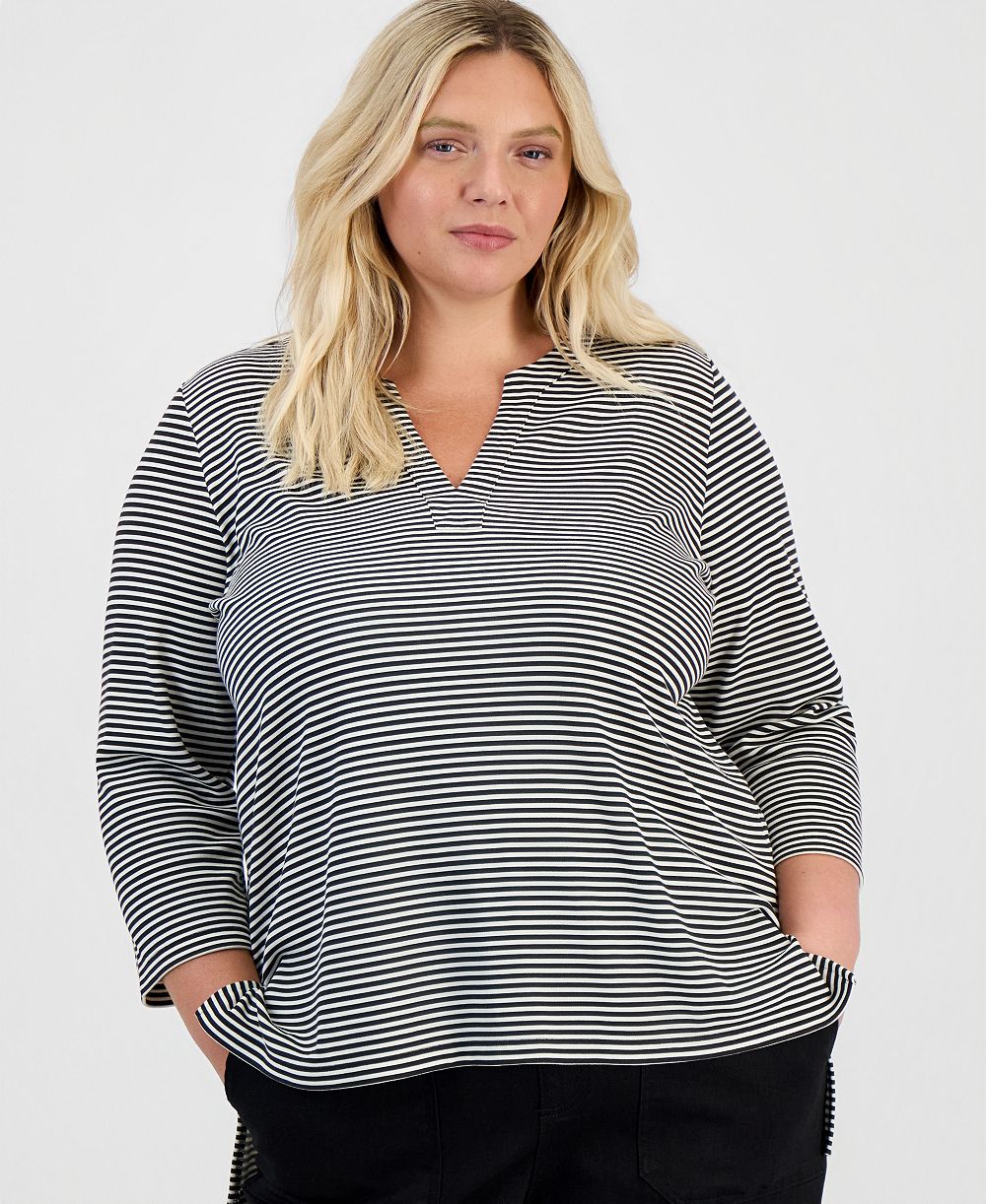 Женская туника Style & Co Plus Size с полосатым принтом и разрезом на шее