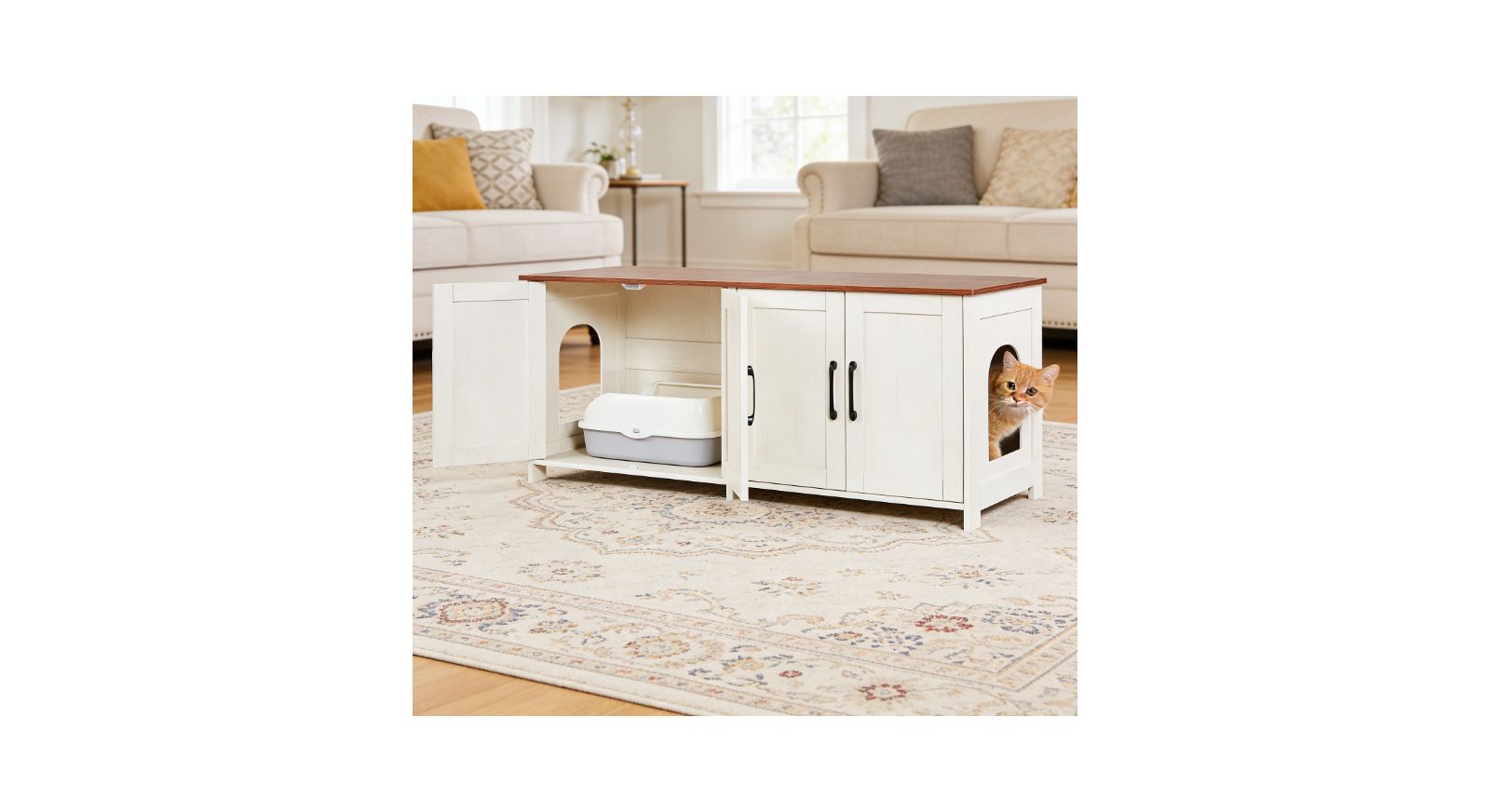 Zeus and Ruta Wooden Cat Litter Box Enclosure Cabinet With 4 Doors And 2 Entries Multi Cat Furniture
