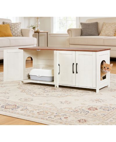 Zeus and Ruta Wooden Cat Litter Box Enclosure Cabinet With 4 Doors And 2 Entries Multi Cat Furniture