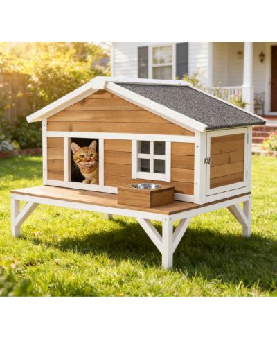 Zeus and Ruta Wooden Insulated Cat House Elevated Winter Shelter With Large Platform Waterproof Outdoor Condo
