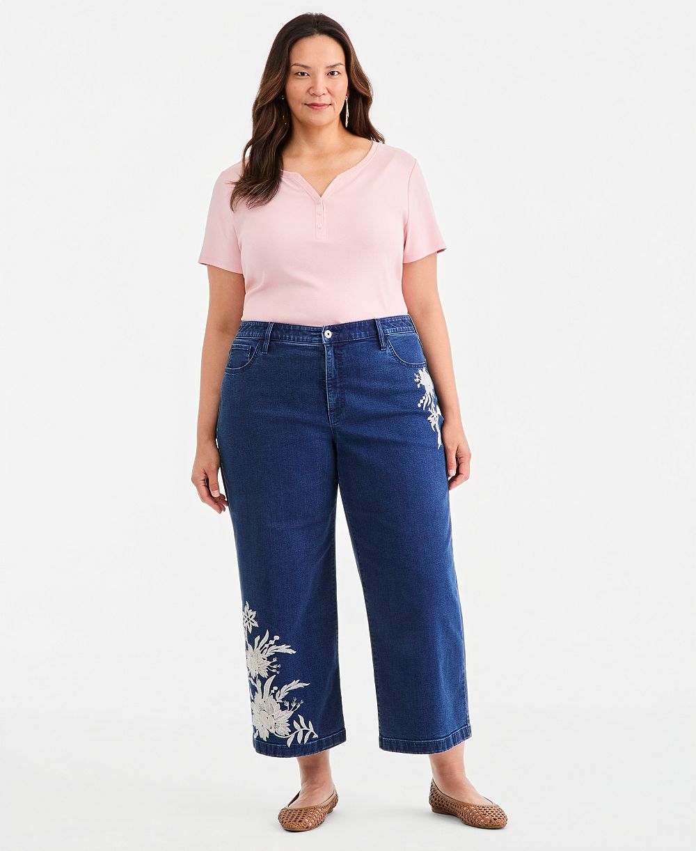Style & Co Plus Size High-Rise Wide-Leg Embroidered Ankle Jeans, Macy's Exclusive