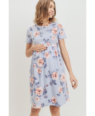 Hello Miz Women's Floral Print Empire Waist Short Sleeve Knit Dress with Pockets