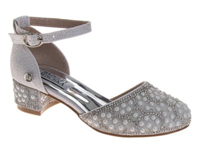Badgley Mischka Girls Glitter Dress Heels with Pearl And Rhinestone Detail, Heel, Ankle Strap.