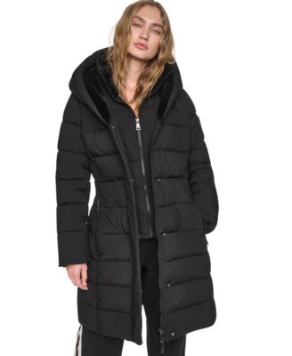 DKNY женское длинное пальто с поясом, капюшоном из искусственного меха и нагрудником