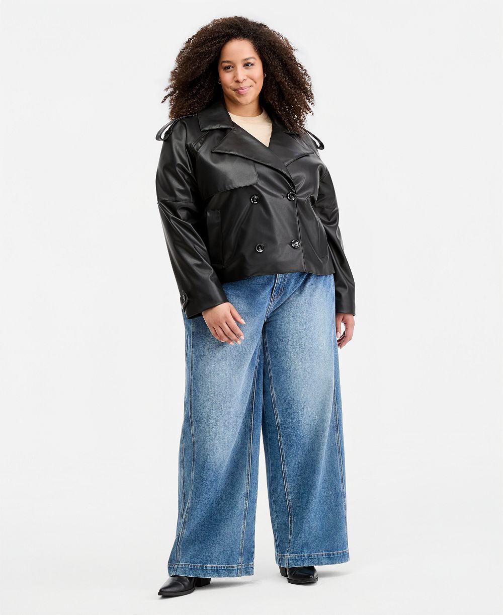 Maralyn & Me Trendy Plus Size Cropped Double-Breasted Faux-Leather Trench Coat