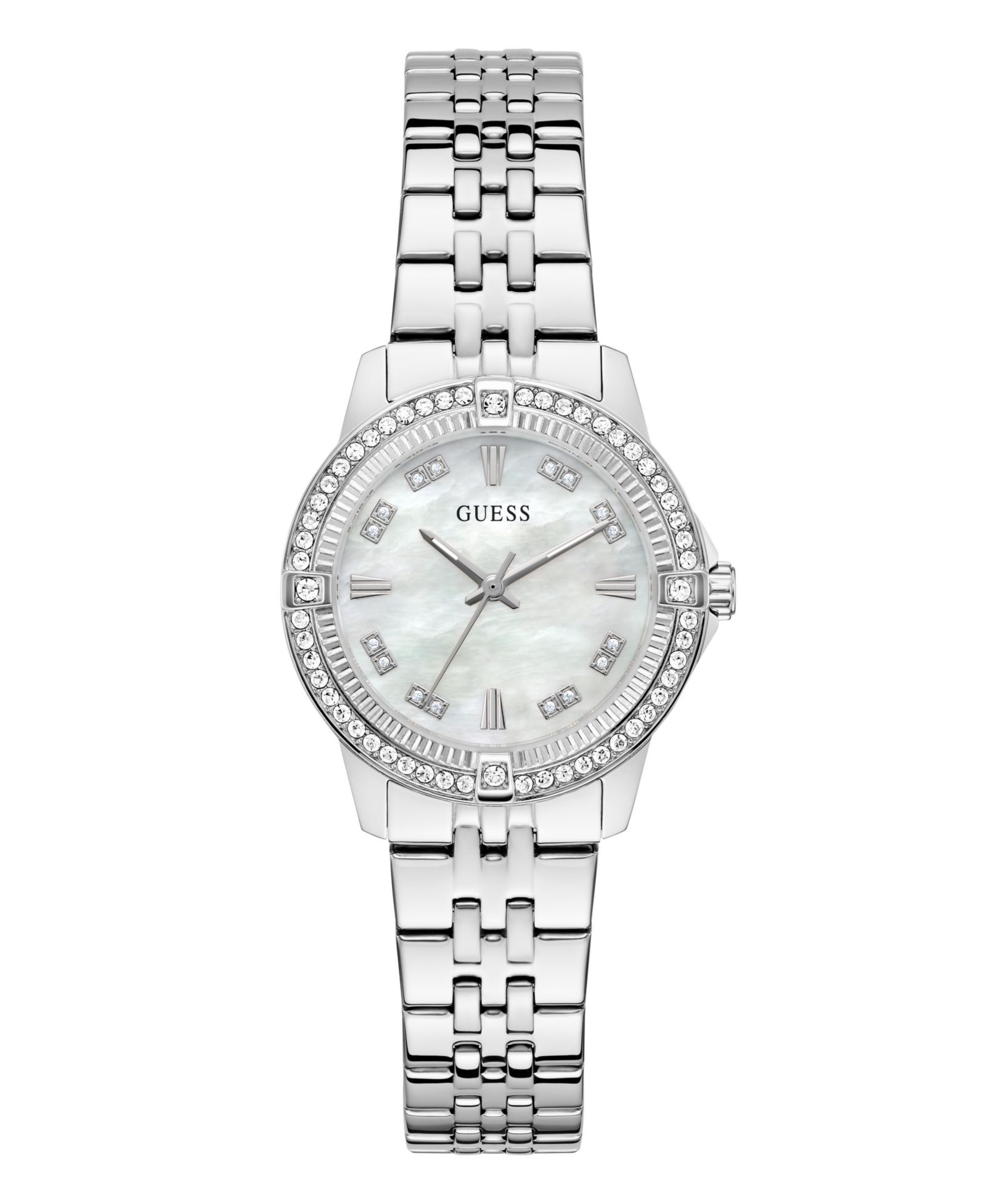 GUESS Women's Glitz Silver-Tone Stainless Steel Analog Watch, 32mm