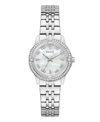 GUESS Women's Glitz Silver-Tone Stainless Steel Analog Watch, 32mm