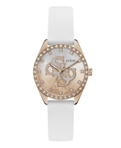 GUESS Women's Glitz Rose Gold-Tone Stainless White Pink Silicone Watch, 34mm