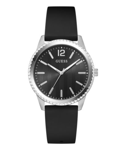 GUESS Men's Silver-Tone Stainles Steel Black Silicone Analog Watch, 40mm