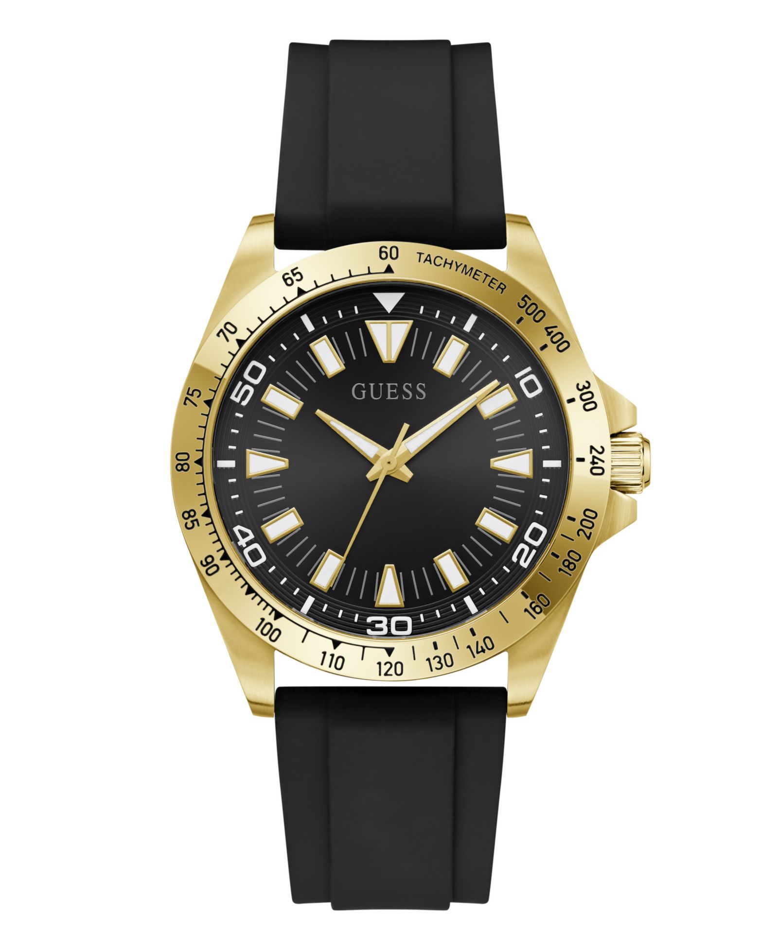 GUESS Men's Gold-Tone Stainles Steel Black Silicone Analog Watch, 42mm