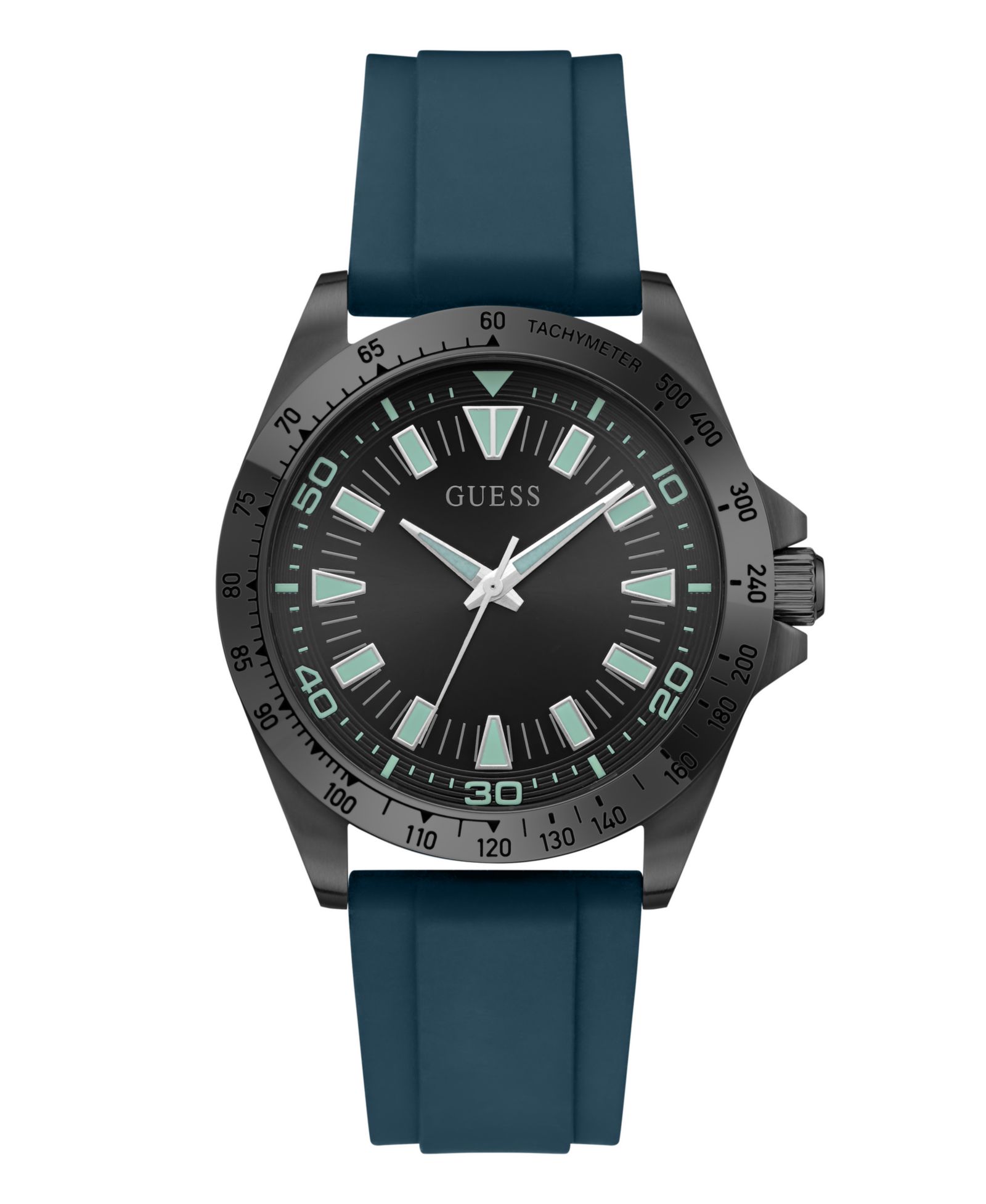 GUESS Men's Black Stainles Steel Teal Silicone Analog Watch, 42mm