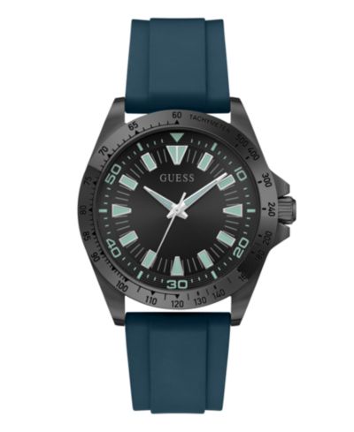 GUESS Men's Black Stainles Steel Teal Silicone Analog Watch, 42mm