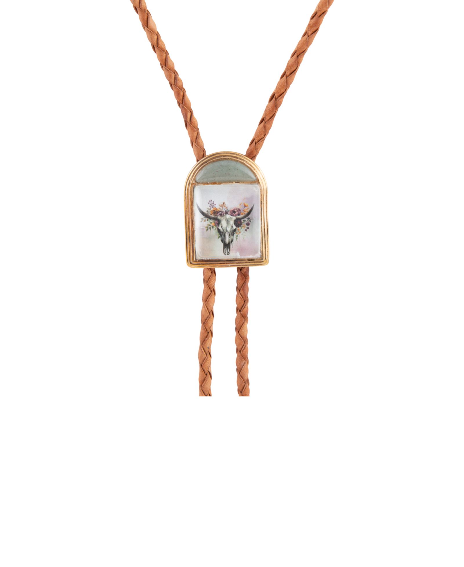 Barse Steer Skull Green Aventurine Golden Leather Bolo Necklace