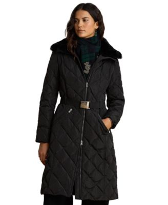 Женское пальто Lauren Ralph Lauren с поясом, стеганое, с меховым воротником
