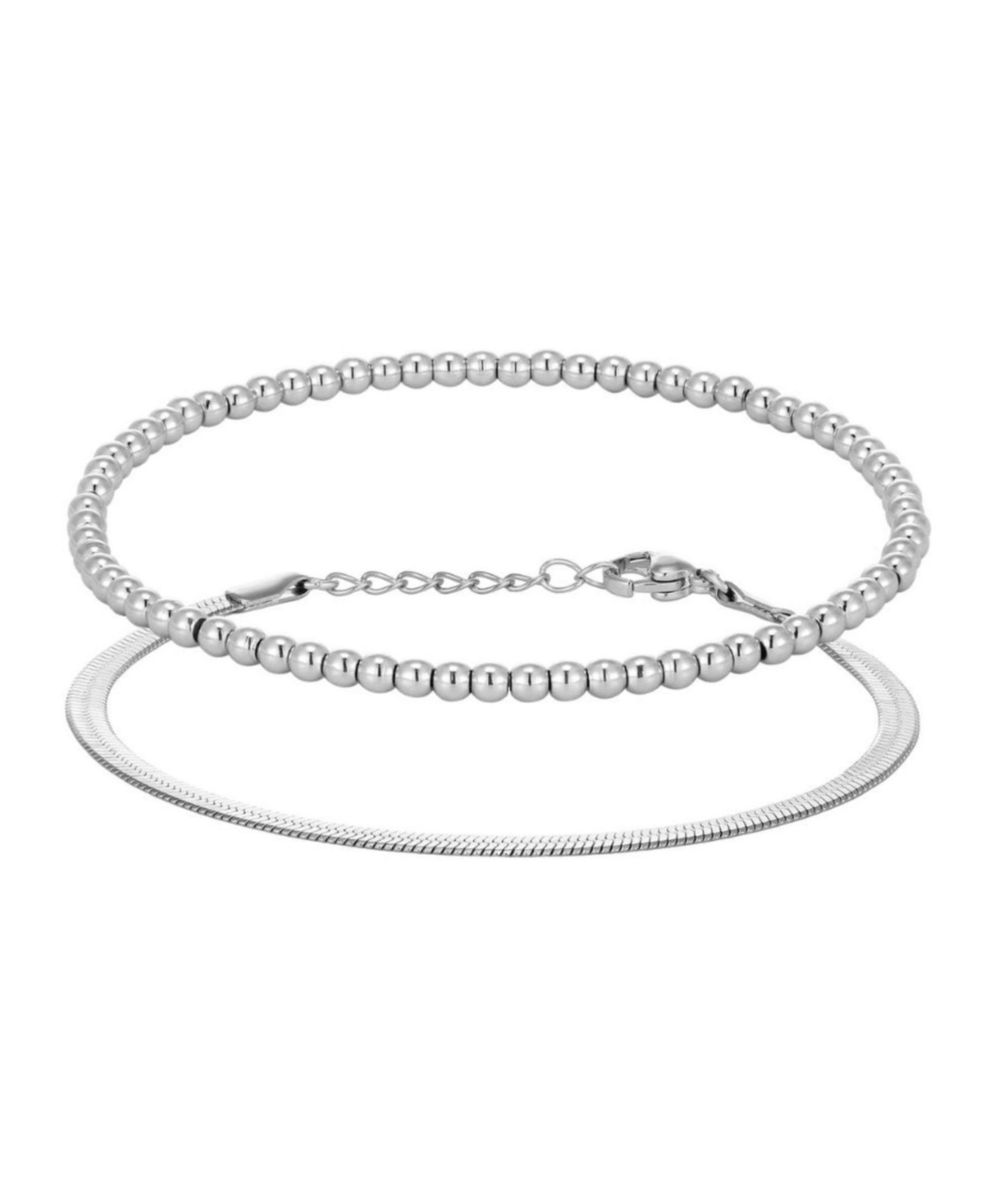 ADORNIA Tarnish Resistant Silver Herringbone and Beaded Bracelet Set