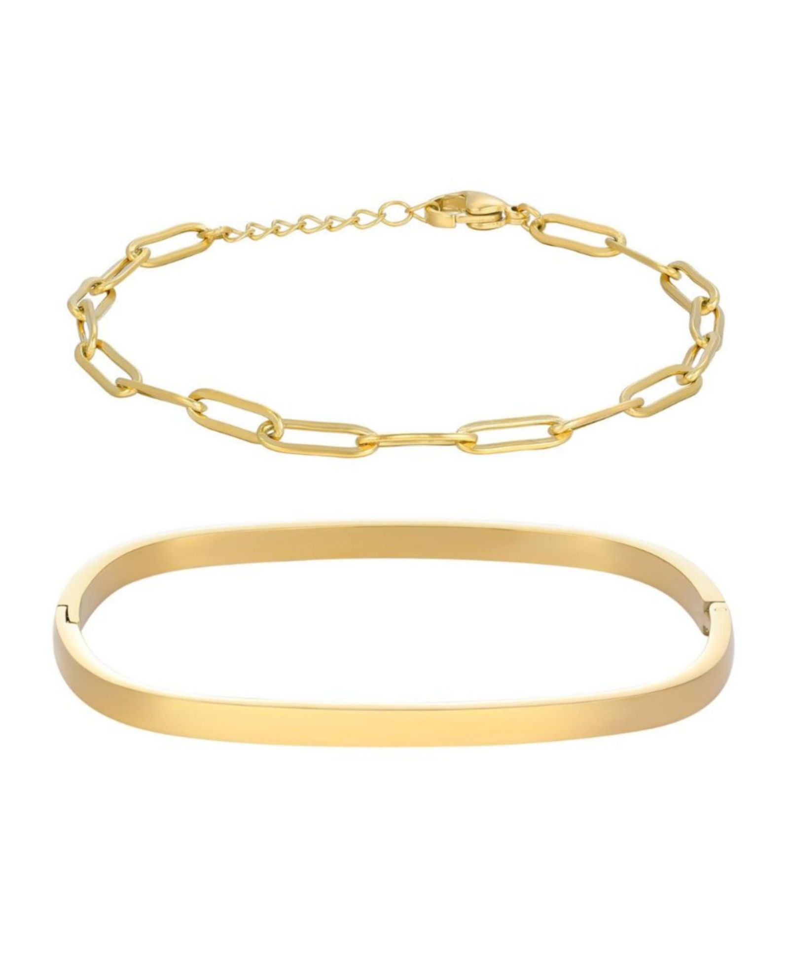 ADORNIA Tarnish Resistant Gold Rectangular Cuff and Paper Clip Chain Bracelet Set