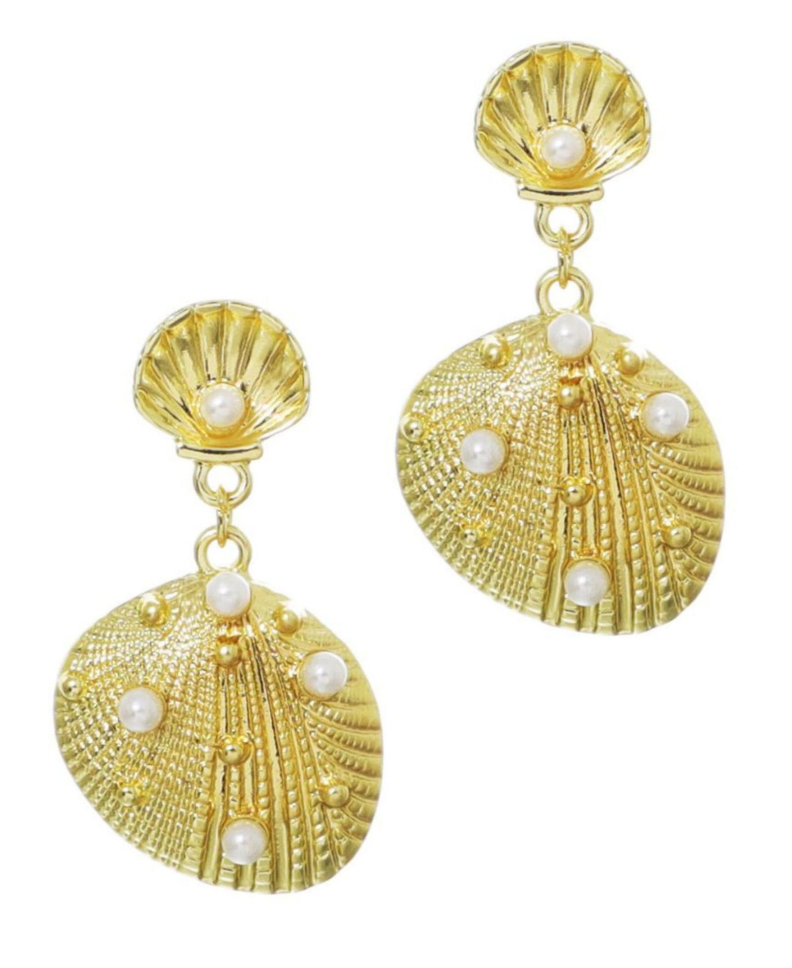 ADORNIA Gold Imitation Pearl-Studded Shell Drop Earrings