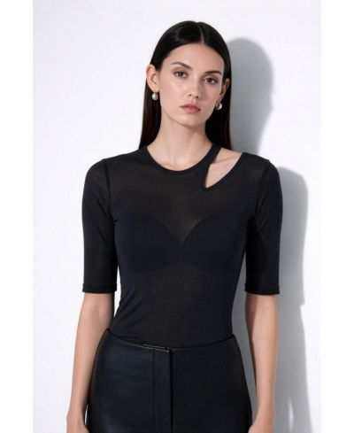 Marcella Women's Taia Fitted Sheer Jersey Elbow-Sleeve Shoulder-Cutout Top
